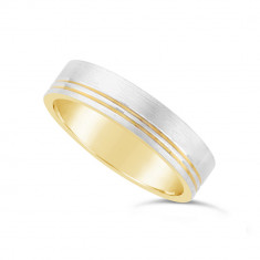 Gents 9ct Yellow Gold Wedding Ring With A 9ct White Gold Brushed Onlay, Plus 2 Narrow Grooves To One Side Of The Wedding Band